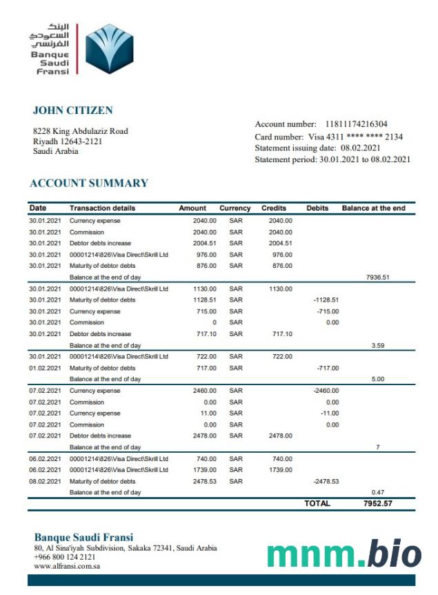 Arabia Saudyjska Banque Saudi Fransi szablon wyciągu bankowego w formacie Word i PDF, dobry na dowód adresu